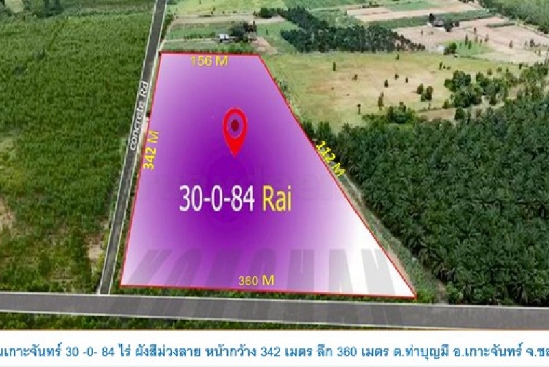 ที่ดินสีม่วง สร้างโรงงาน สร้างโกดัง เกาะจันทร์  เนื้อที่ 30-0-84 ไร่ ไร่ละ 2.2 ล้าน ต.ท่าบุญมี อ.เกาะจันทร์ จ.ชลบุรี 